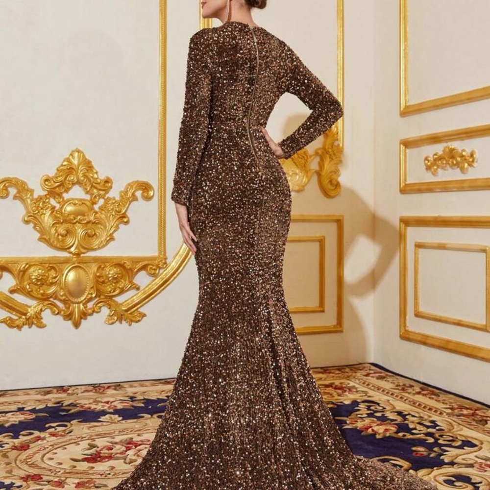 SHEIN Brown Sequin Long Sleeve Dress